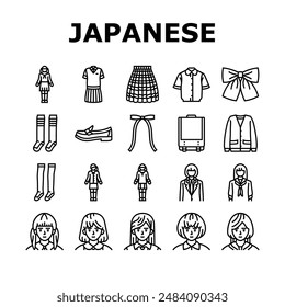 japanese school girl korea child icons set vector. uniform asian, japan, korean people, student homework, classroom, smile pre japanese school girl korea child black contour illustrations