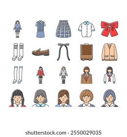 uniforme asiático, japão, povo coreano, lição de casa do estudante, sala de aula, sorrir pré-escola japonesa menina coreia ilustração da linha da cor da criança