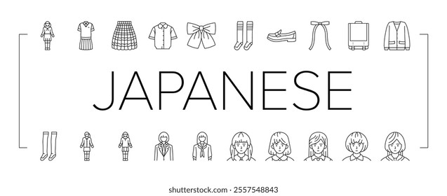 japanese school girl korea child icons set vector. uniform asian, japan, korean people, student homework, classroom, smile pre japanese school girl korea child black contour illustrations