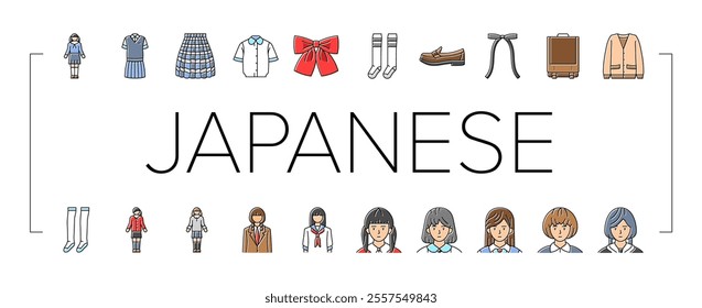 japanese school girl korea child icons set vector. uniform asian, japan, korean people, student homework, classroom, smile pre japanese school girl korea child color line illustrations