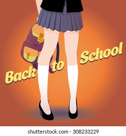 Japanese schoolgirl legs with bag and lettering Back to school in retro style. Good for a party poster.