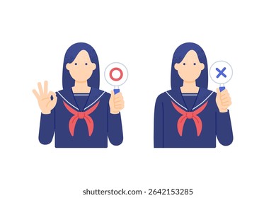 Japanese Schoolgirl in Sailor Uniform Holding O and X Signs – Vector Illustration