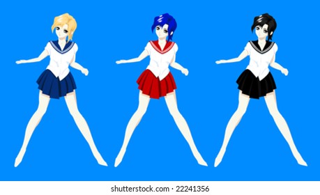 Japanese schoolgirls style manga on red, blue, black and white background
