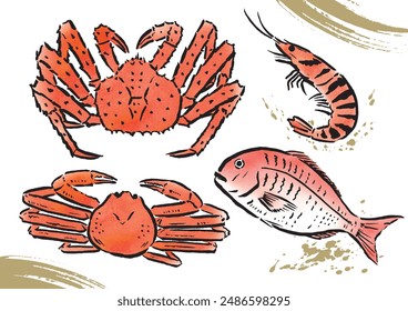 Japanese sea foods by a brush and watercolor