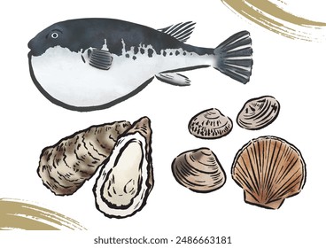 Japanese sea foods by a brush and watercolor 2