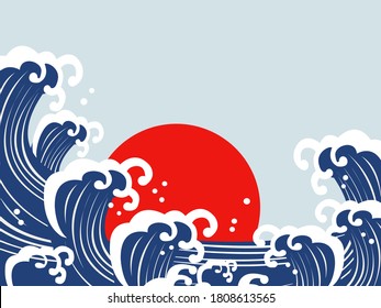 Japanese sea.  Sunrise and big wave.