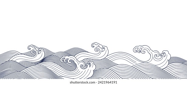 Vector de fondo de onda marina japonés. Diseño de fondo de escritorio con fondo de ondas oceánicas azules y blancas. Ilustración oriental de lujo moderna para portada, banner, sitio web, decoración, frontera.