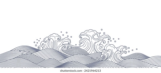 Japanese sea wave background vector. Wallpaper design with blue and white ocean wave pattern backdrop. Modern luxury oriental illustration for cover, banner, website, decor, border.