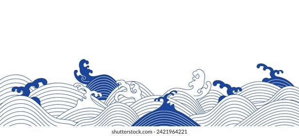 Vector de fondo de onda marina japonés. Diseño de fondo de escritorio con fondo de ondas oceánicas azules y blancas. Ilustración oriental de lujo moderna para portada, banner, sitio web, decoración, frontera.