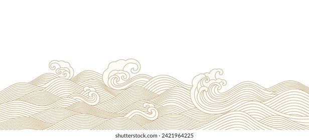 Vector de fondo de onda marina japonés. Diseño de fondo de escritorio con fondo dorado y blanco de olas oceánicas. Ilustración oriental de lujo moderna para portada, banner, sitio web, decoración, frontera.