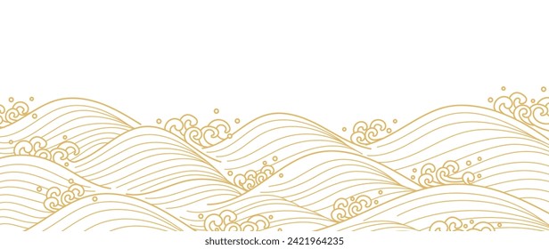 Japanese sea wave background vector. Wallpaper design with gold and white ocean wave pattern backdrop. Modern luxury oriental illustration for cover, banner, website, decor, border.