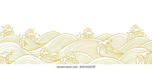 Japanese sea wave background vector. Wallpaper design with gold and white ocean wave pattern backdrop. Modern luxury oriental illustration for cover, banner, website, decor, border.