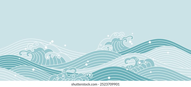 Japanese sea wave background vector. Wallpaper design with white line art and blue ocean wave pattern backdrop. Modern luxury oriental illustration for cover, banner, website, decor, interior.