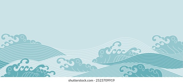 Vetor de fundo de onda marinha japonesa. Projeto de papel de parede com arte de linha branca e fundo de padrão de ondas oceânicas azuis. Ilustração oriental de luxo moderna para capa, banner, site, decoração, interior.