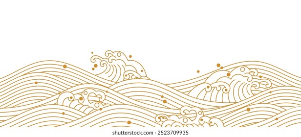 Vetor de fundo de onda marinha japonesa. Papel de parede design com arte de linha de ouro e fundo de padrão de ondas oceânicas brancas. Ilustração oriental de luxo moderna para capa, banner, site, decoração, interior.