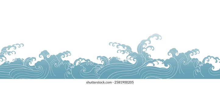 Japanese sea wave background vector. Wallpaper design with white line art and blue ocean wave pattern backdrop. Modern luxury oriental illustration for cover, banner, website, decor, interior