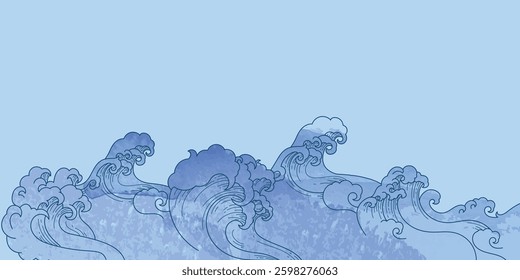 Japanese sea wave background vector. Wallpaper design with watercolor blue ocean wave pattern backdrop. Modern illustration for cover, banner, website, decor, interior.