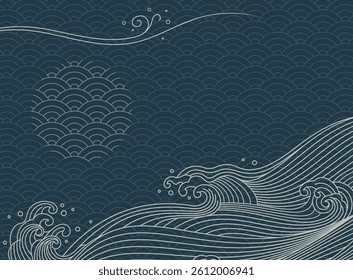 Japanese sea wave background vector. Hand drawn wallpaper design with ocean wave pattern backdrop. Modern luxury oriental illustration