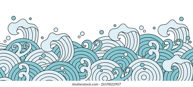 Japanese sea wave background vector. Wallpaper design with blue and white ocean wave pattern backdrop. Modern luxury oriental illustration for cover, banner, website, decor, border.