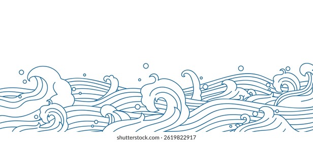 Japanese sea wave background vector. Wallpaper design with blue and white ocean wave pattern backdrop. Modern luxury oriental illustration for cover, banner, website, decor, border.