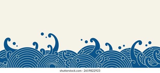 Japanese sea wave background vector. Wallpaper design with blue and white ocean wave pattern backdrop. Modern luxury oriental illustration for cover, banner, website, decor, border.