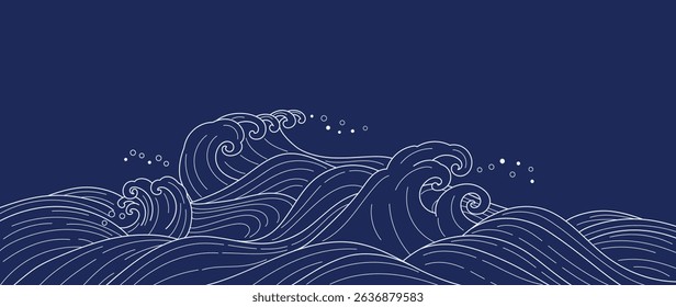 Japanese sea wave background vector. Wallpaper design with blue and white ocean wave pattern backdrop. Modern luxury oriental illustration for cover, banner, website, decor, border.