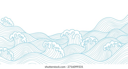 Vetor de fundo de onda marinha japonesa. Projeto de linhas de água onduladas azuis. Papel de parede design com azul e branco oceano padrão de onda pano de fundo. Ilustração oriental de luxo moderna para capa, banner