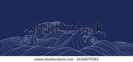 Japanese sea wave background vector. Wallpaper design with blue and white ocean wave pattern backdrop. Modern luxury oriental illustration for cover, banner, website, decor, border.