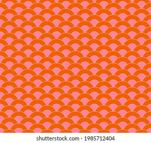 Japanese Sea Wave Pattern In 1970s Pink And Orange Colors. Retro Seamless Repeat Patten Design With Overlapping Circles. 