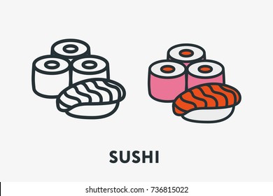 Japanese Seafood Cuisine Concept Sushi Roll Salmon Rice Minimal Flat Line Outline Colorful and Stroke Icon Pictogram