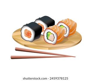 Japanese seafood food with chopsticks on white background. Vector 3d illustration