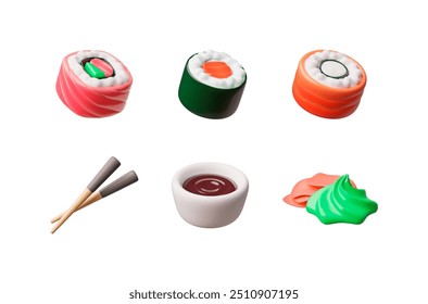 Frutos do mar japoneses. Ilustração em 3D vetorial de um conjunto mostrando vários rolos de sushi em forma redonda com uma xícara de molho de soja, pauzinhos, gengibre e wasabi. Estilo de desenho animado em plano de fundo isolado.