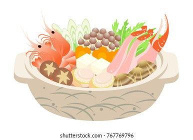 Japanese seafood hot pot, isolated on the white background.
