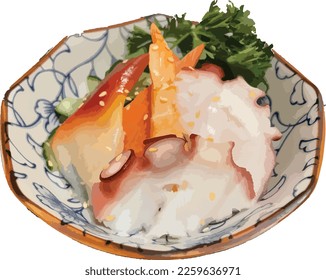 Japanese seafood salad is made up of imitation crab meat, sliced octopus, and red clam. All are tossed in vinegar then topped with sesame seeds and parsley. There are photo and vector versions. 