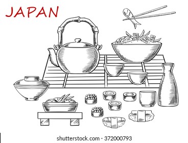 Japanese seafood sketch with sashimi and sushi rolls below a table set with a teapot, fresh salad and bowl of rice and prawns with one held in chopsticks. Vector sketch