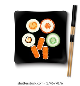 Japanese Seafood Sushi On A Black Square Plate