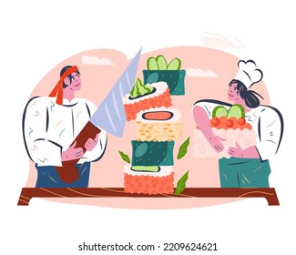 Japanese seafood sushi restaurant professional cooks or sushi makers for logo or menu card design. Japanese sushi chefs males and females cartoon characters, vector illustration isolated on white.