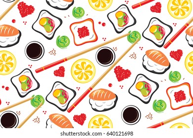 Japanese seafood sushi rolls seamless pattern. Traditional food. Colorful