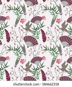 Japanese seamless background with sakura (cherry tree) branch, crane, arrows, bamboo leafs and fan. Vector pattern.