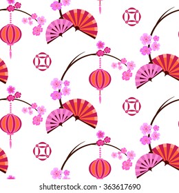 Japanese seamless background: sakura, Japanese lanterns and fans on the spring festival. It can be used for textile and wrapping paper.