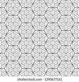 Japanese seamless geometric pattern .Black and white silhouette lines.For design template,textile,lattice,fabric,wrapping paper,laser cutting and engraving.Hexagon grid.