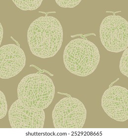 Modelo inconsútil japonés de la línea del melón de la miel, fondo de la fruta en verde pastel, ilustración dibujada a mano linda y divertida, buena para envolver el papel, inmóvil, cartel, materia textil, toalla, ropa de cama