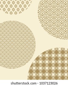 Japanese seamless monochrome patterns with swirls and geometric shapes inside big circles cartoon flat vector illustrations set on beige background.