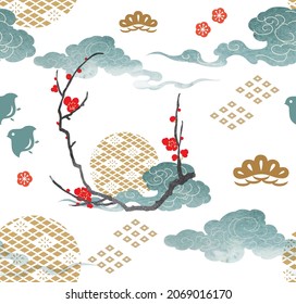 Japanese seamless pattern with abstract art elements vector. Asian background with oriental decoration such as hand drawn bamboo tree, cherry blossom flower, cloud icon in vintage style. 