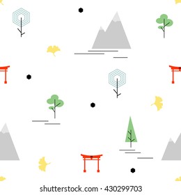 Japanese seamless pattern. Japanese architecture, nature. Ginkgo biloba leaf. Scandinavian geometric texture. Cartoon vector illustration