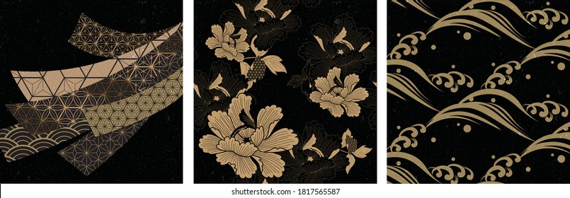 Japanese seamless pattern and Asian elements vector. Wave, peony flower elements in vintage style.
