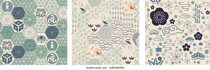 Japanese seamless pattern and Asian icons vector. Wave, crest family, bonsai, cloud and cherry blossom flower elements in vintage style.