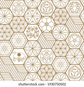 Japanese seamless pattern background vector with crest icon elements. Gold geometric cover design , poster, card, template.