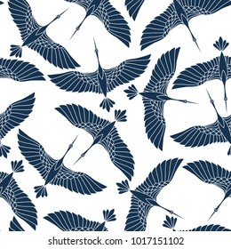 Japanese seamless pattern with beautiful cranes. Chinese vector background with flying birds. Ornament with oriental motives.