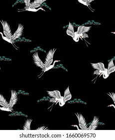 Japanese seamless pattern, birds cranes flying in the sky.